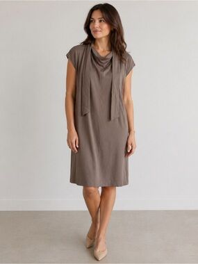 YAYA Taupe Tie Neck Minimalist Dress Size Medium Relaxed Scandinavian Style